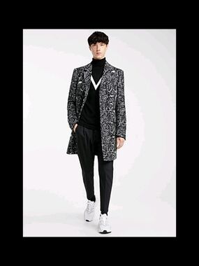 Men's Black & Gray Patterned Long Coat